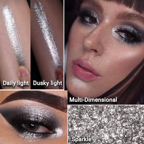 Afflano Afflano Silver Glitter Eyeshadow Super Pigmented, Intense Color Gray Silver Eyeshadow Palette Single, Long Lasting Sparkle Shimmer Metallic Glitter Eyes Look, Blendable Neutral Grey Eye Shadow Makeup