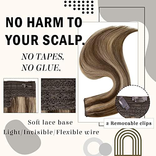 RUNATURE RUNATURE Brown Wire Human Hair Extension Straight Wire Extensions Human Hair Highlight Honey Blonde Human Hair Wire Extension Natural Hairpiece Hidden Wire Hair Extensions Fishing Line Hair Extensions