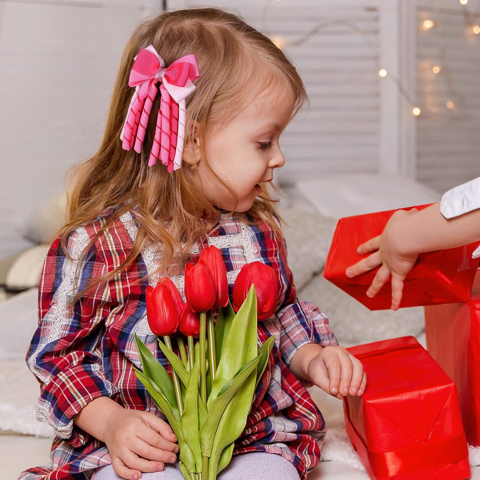 LSVOZ Valentine Hair Bow Clips 3 Inch Curly Ribbon Hair Clips Kids Girls Handmade Cheer Hair Accessories for Valentine\'s Day Party Decor, Pink&Rose Red&Light Pink