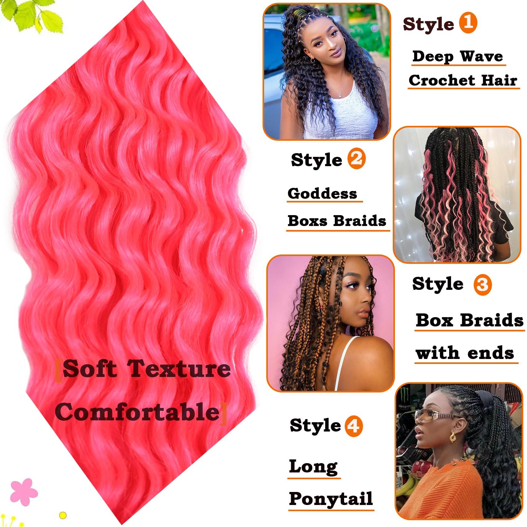 Paraglame Hot Pink Curly Crochet Hair 18 Inch Deep Wave Braiding Hair for Women 3 Packs Ocean Wave Crochet Hair Pink Color Wet and Wavy Crochet Hair (18inch, Pink#)