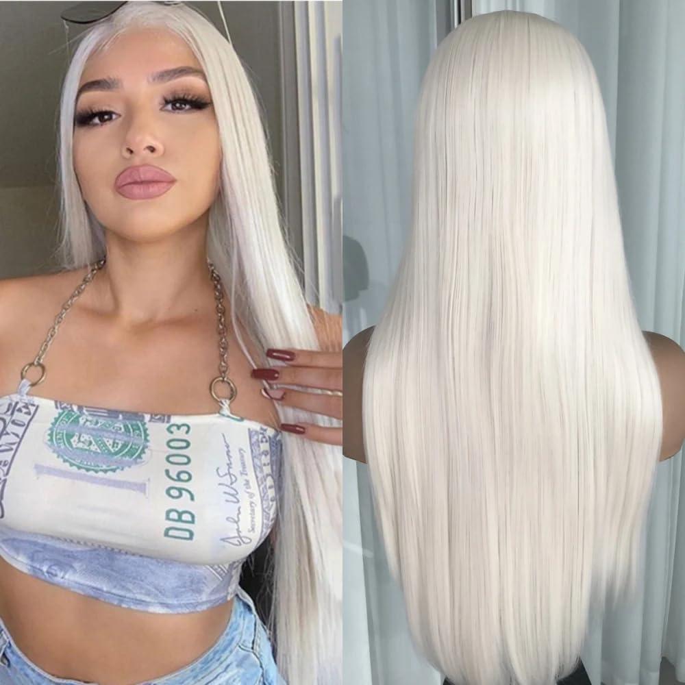 Veally Platinum Blonde Synthetic Lace Front Wig Pre Plucked Ready to Wear 13x4 HD Glueless Straight Lace Front Wig for Women Natural Looking Synthetic Heat Resistant Fiber Platinum Blonde Wig (26 Inch)