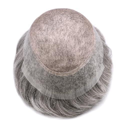LYRICAL HAIR Toupee for Men Hair System Replacement Mens Human Hair Piece Fine Mono Mens Toupee Clear Poly Skin Around Hairpiece Monofilament Wig 6\"X8\" #1B80 Off Black+80% Gray-110% Light to Medium Density