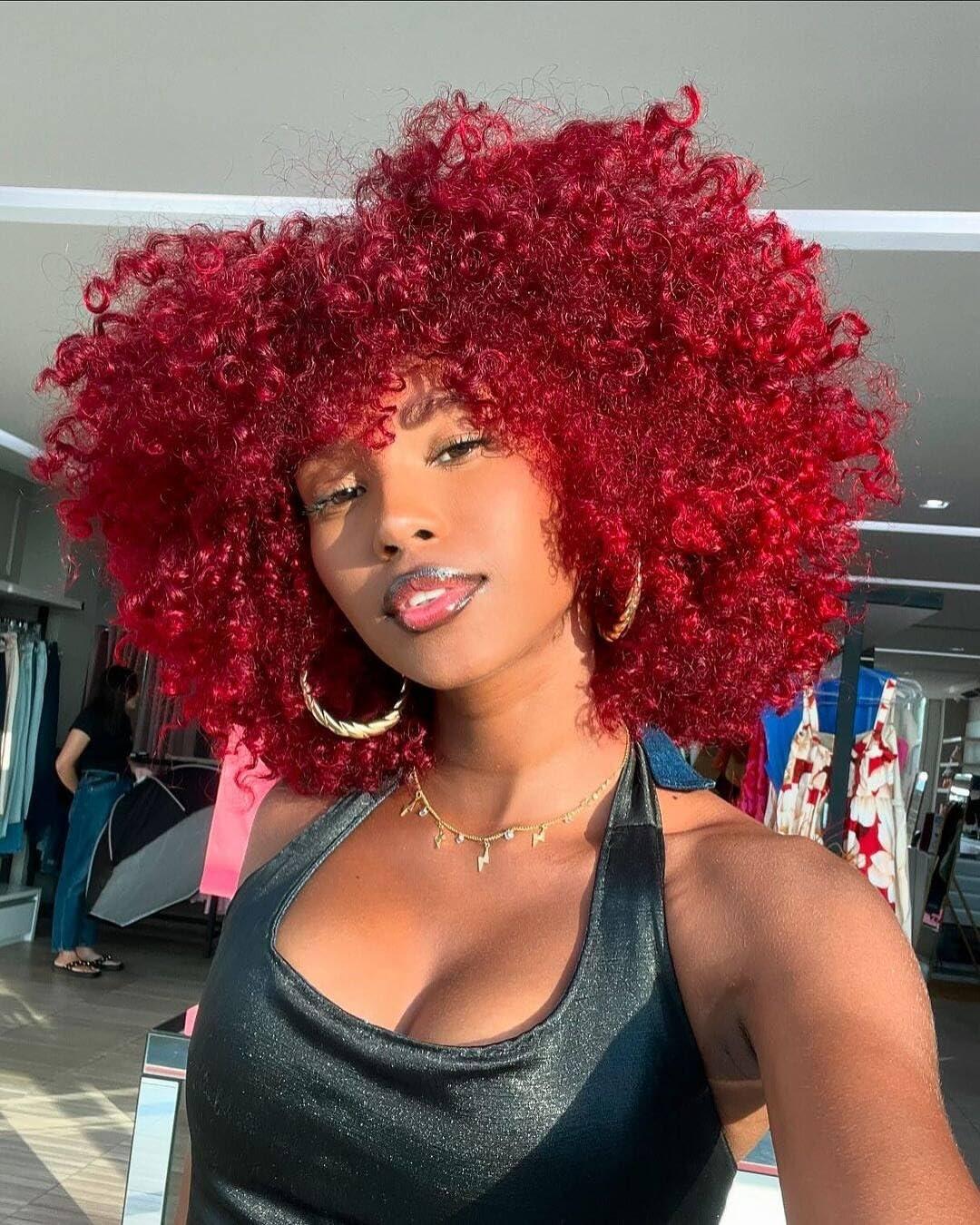 CC Hair Red Curly Wigs for Black Women Afro Curly Wigs with Bangs Afro Hair Synthetic Fiber Wigs Short Curly Wig (14inch)
