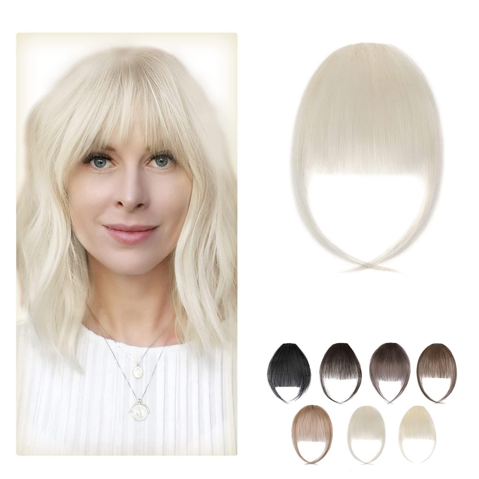 SLEEKALON SLEEKALON Clip in Bangs Human Hair Platinum Blonde Air Bangs Remy Hair Clip On Bang Hairpiece for Women Curved Bangs Hair Clip Fringe with Temples for Daily Wear(#60-Platinum Blonde)