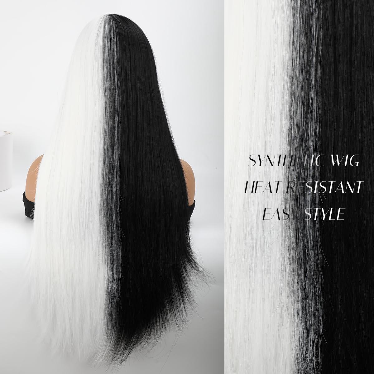 forfeels forfeels Synthetic Wig Black And White Wig For Women 28 Inches Cosplay Wig Heat Resistant Synthetic Wig With Bangs Straight Synthetic Hair For Halloween