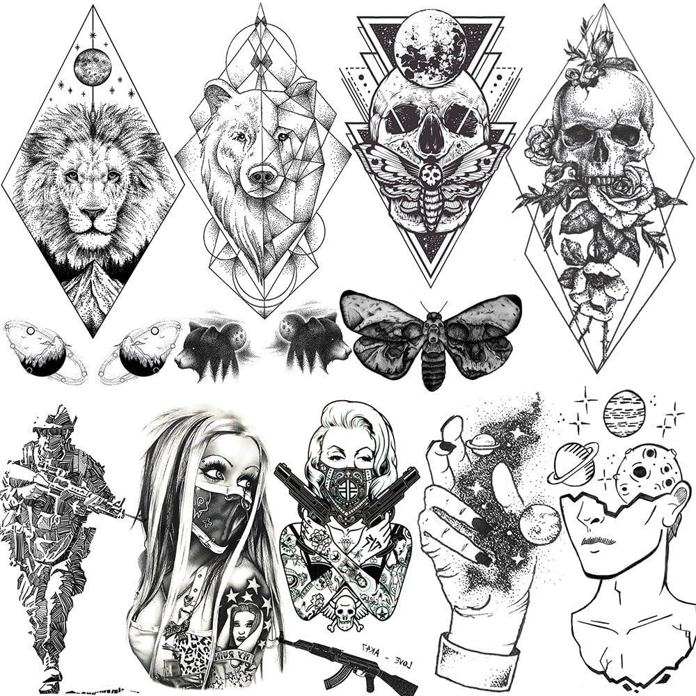 TTHUONG THATHU Diamond Lion Temporary Tattoos For Men Gangster Geometric Tatoos Death Skull Planet Moth Star Warrior Tattoo