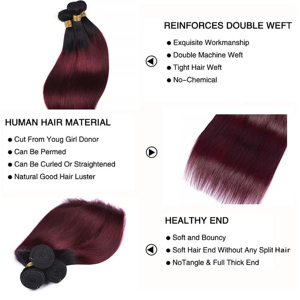 Biottihair Red Wine Ombre Bundles Human Hair 1B99J Bundles Straight Remy Hair 24 26 28 Inch 1B99J Burgundy Straight Human Hair Bundles for Black Women Extenison 3 Bundles