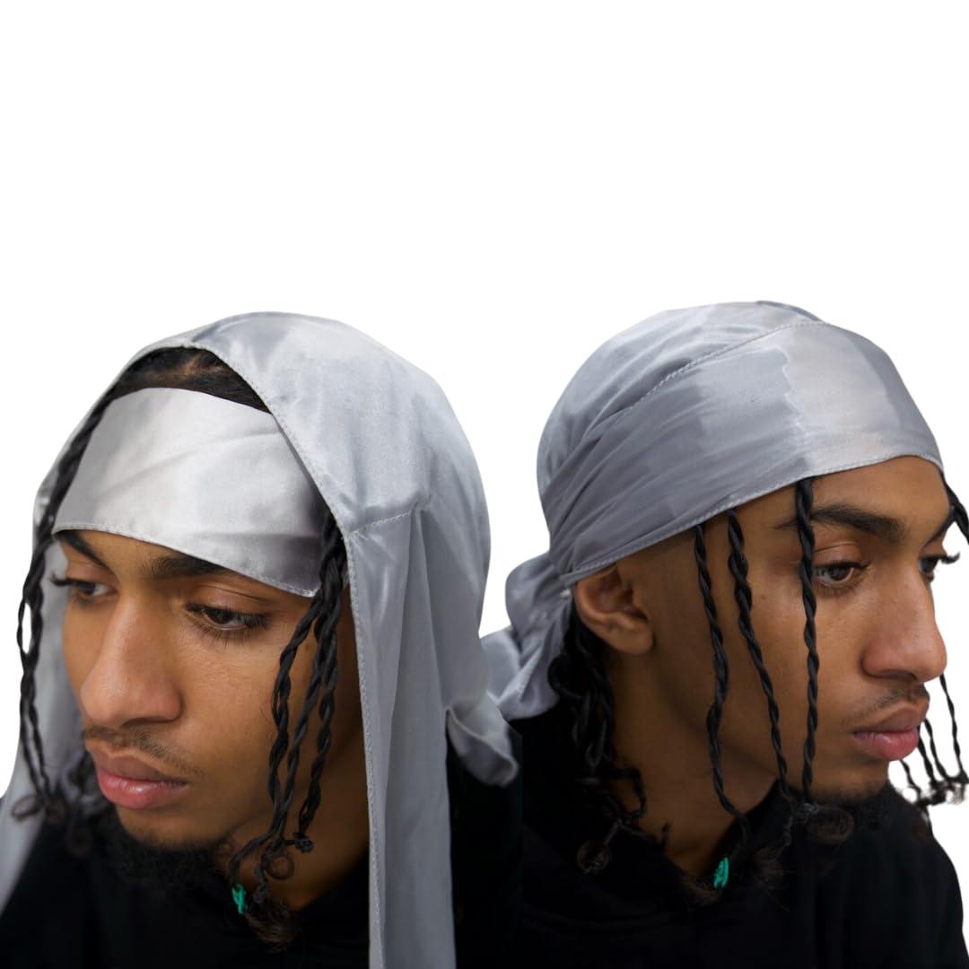 Blavic Blavic Durag For Braids, Locs, And Twist - Silk Durag for Men, Long Double Wide Straps, Outside Seam Triple Stitch Du Rag (Grey)
