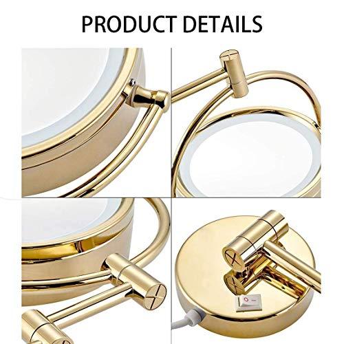 ROWITA ROWITA Wall Mounted Makeup Mirror 3X Magnification, Magnifying Vanity Mirror with LED Lights, Flexible Gooseneck, and Locking Suction, Extendable Arm,for Girls (Color : Gold)