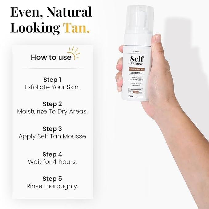 Team Tan Team Tan Self Tanner Mousse - Tanning Foam for Face and Body, Sunless Tanner Kit for Fake Tan, Aloe Vera and Vitamin Infused Self Tanning Mousse (3.38 fl oz | Medium)