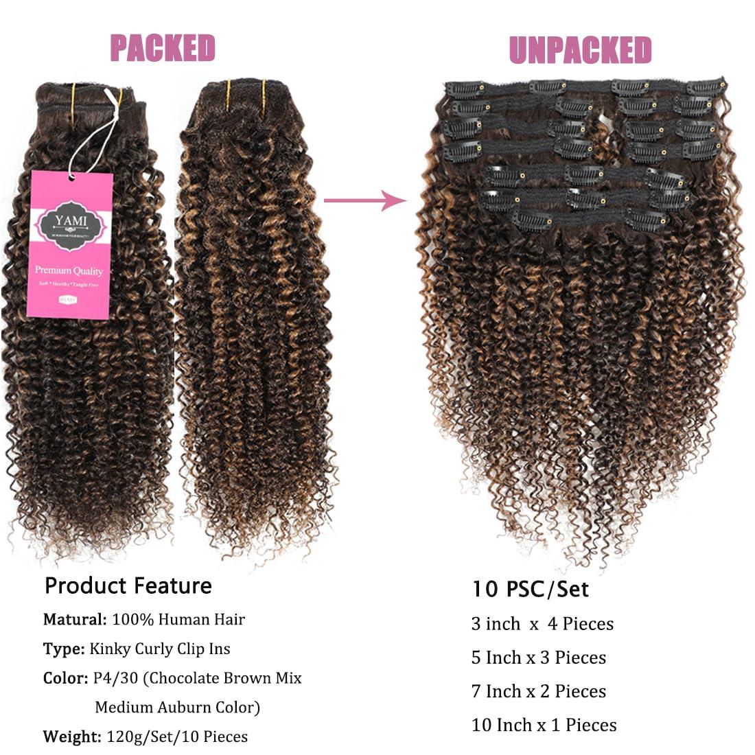 YAMI YAMI Kinky Curly Clip in Hair Extensions10Pcs Clips Triple Weft Brazilian Remy Human Hair 3C 4A curly Clip in Extensions 120g Afro Kinky Curly Clip ins for Black WomenP4/30,10inch)