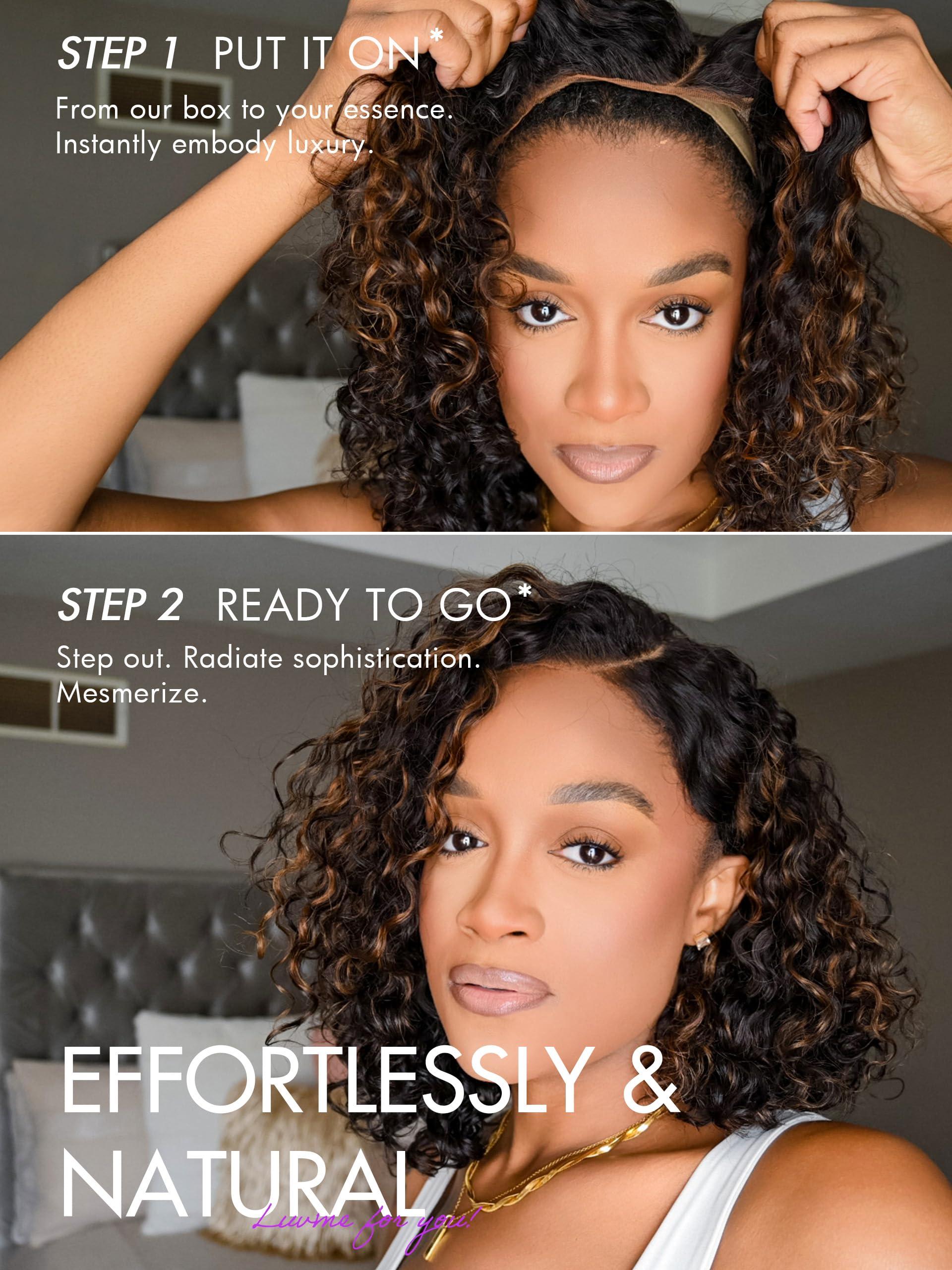 LUVME HAIR LUVME HAIR 12\" Curly Glueless Wigs Human Hair Pre Plucked Pre Cut, Undetectable HD Lace Curly Bob Wig Human Hair Short Black Wig with Blonde Highlights Ready to Go Wig 180 Density