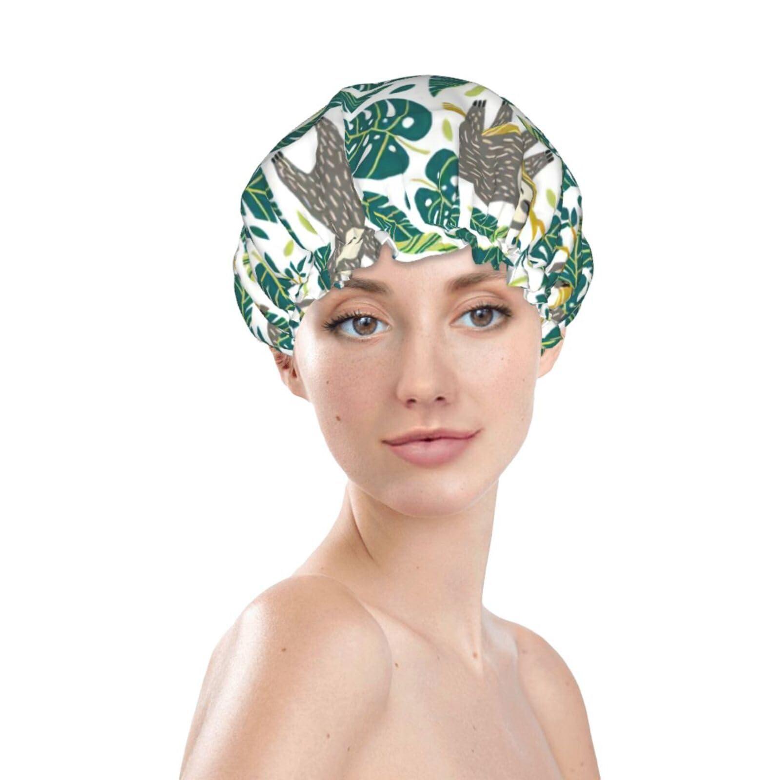WURTON WURTON Adorable Sloth Print Soft Shower Cap for Women, Reusable Environmental Protection Hair Bath Caps