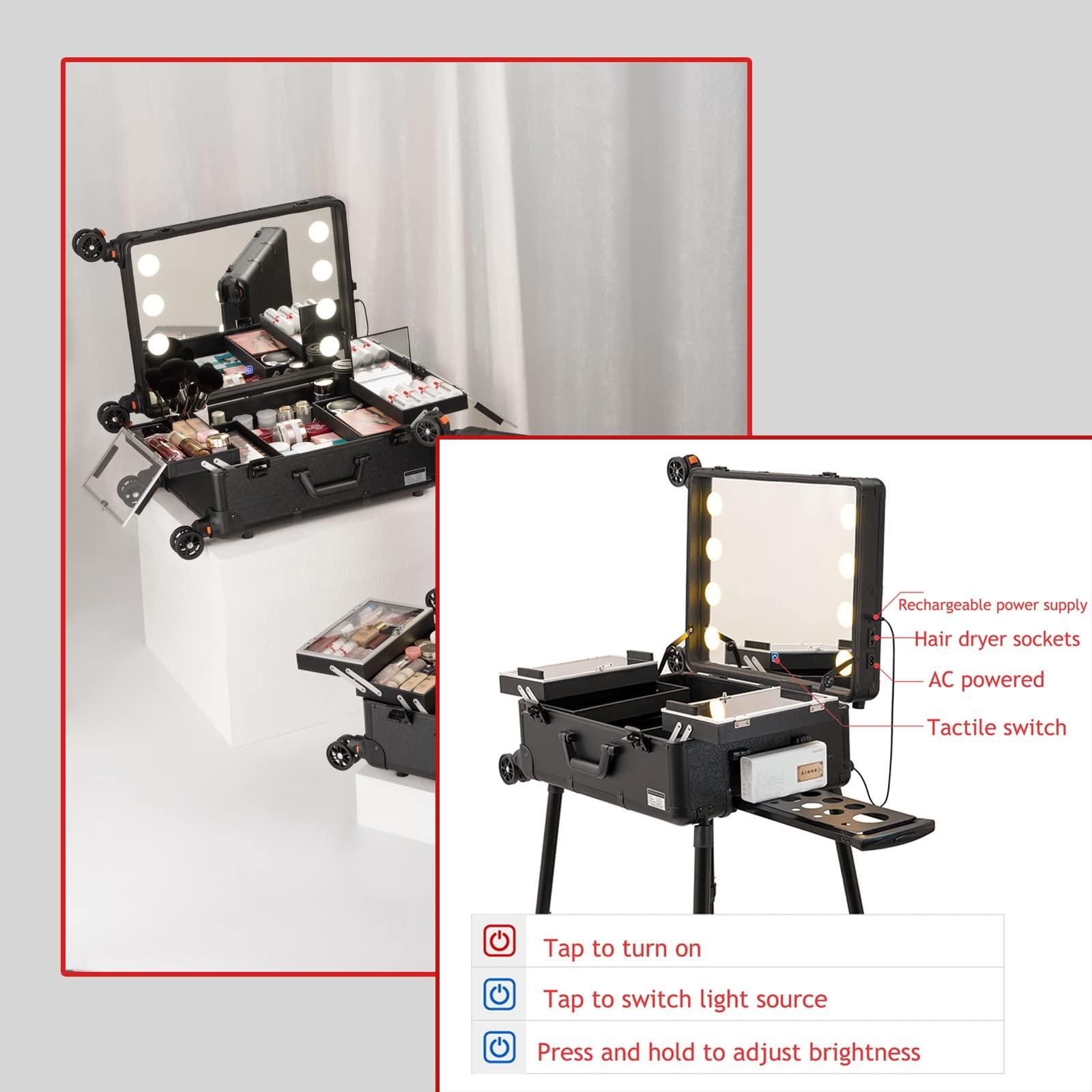 HJXGQJM Rolling Makeup Case Professional Makeup Train Case Makeup Artist Travel Organizer, Make-up Case With LED Light, 3-colour Light Source,Cosmetic Case With Stand, Black Aluminium Make Up Case cosmetic ca