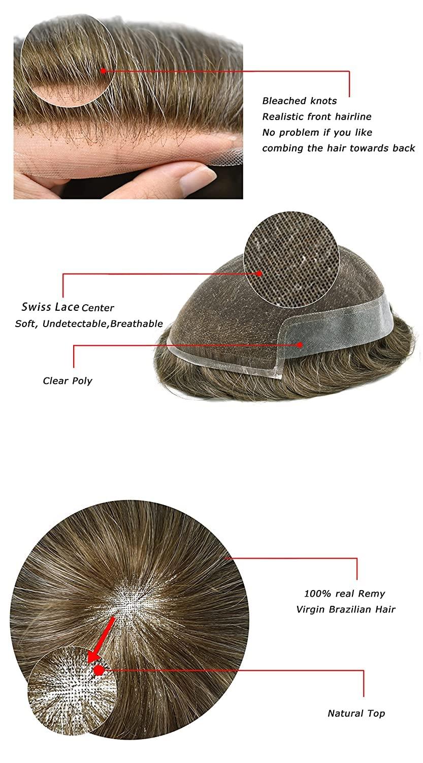 Generic Mens Toupee Hair System for Men Lace Front Toupee Hair Replacement Pieces Real Human Hair Mens Lace Hairpiece Bleached Knot Natural Hairline#1810 18# MEDIUM BLONDE+10% GRAY 100% density8x10