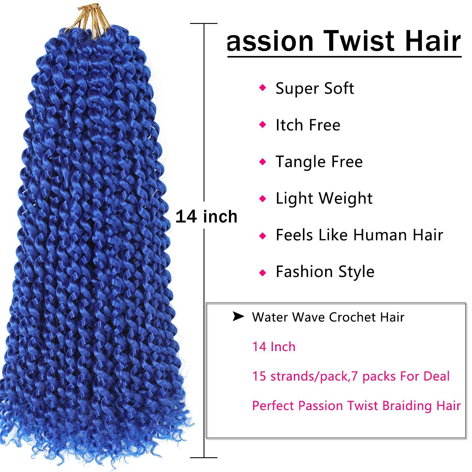 Ahrencan Blue Passion Twist Hair,14 Inch 7 Packs Short Water Wave Crochet Hair Soft Wrap Braiding Hair For Passion Twist Crochet Hair/Butterfly Locs/Spring Twist Crochet Hair Braids (14in,7pcs,blue#)