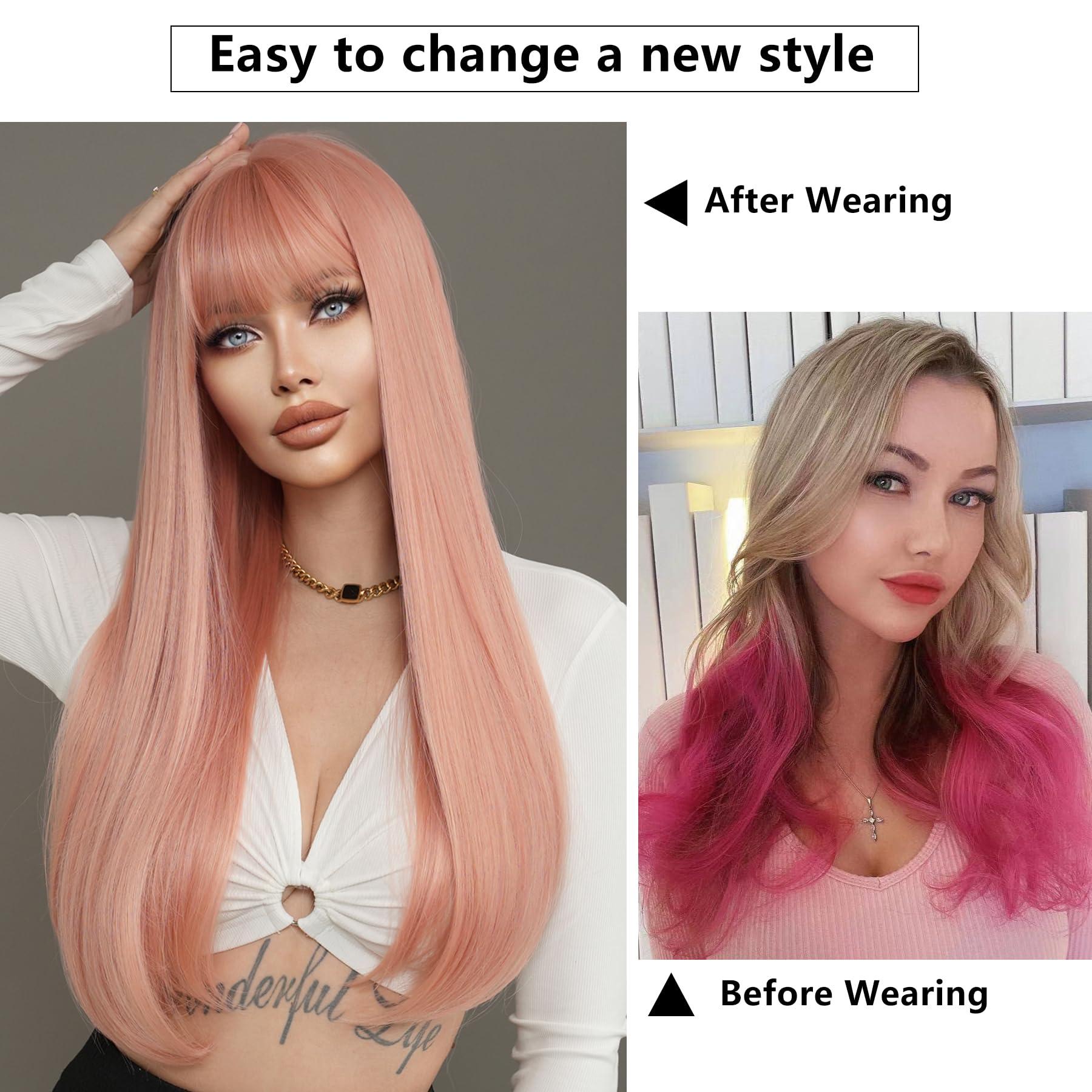 7JHH WIGS 7JHH WIGS Long Straight Light Pink Wig with Bangs 28in Wig with Pale Orange Natural Heat Resistant Fiber Synthetic Wigs for Women Girls Holiday Festival Chrismas Daily Party Used