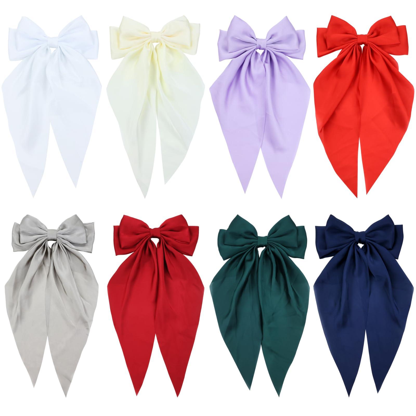 Cinaci Cinaci 8 Pieces Silky Satin Big Hair Bows for Women Girls Teens, Fancy Long Tail Bow Hair Clips French Hair Barrettes Hair Accessories