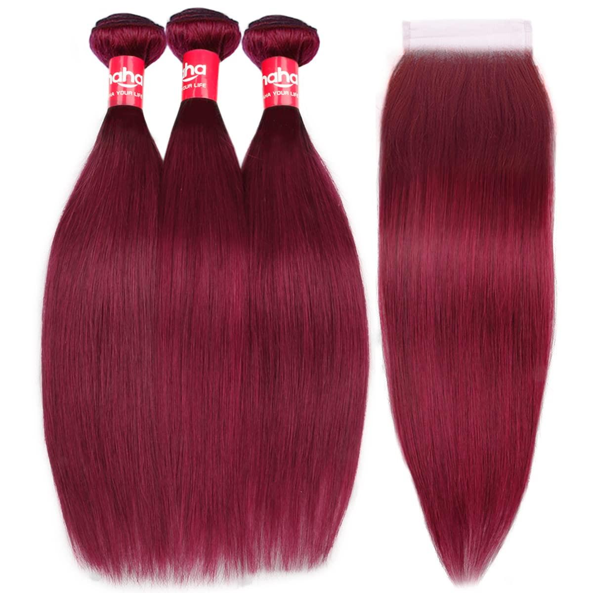 haha Haha 99J Burgundy Straight Bundles with Closure Human Hair Wine Red Bundles With 4x4 Lace Closure Brazilian Virgin Hair Weave 3 Bundles Human Hair with Closure Colored 18 20 22 +16 Free Part