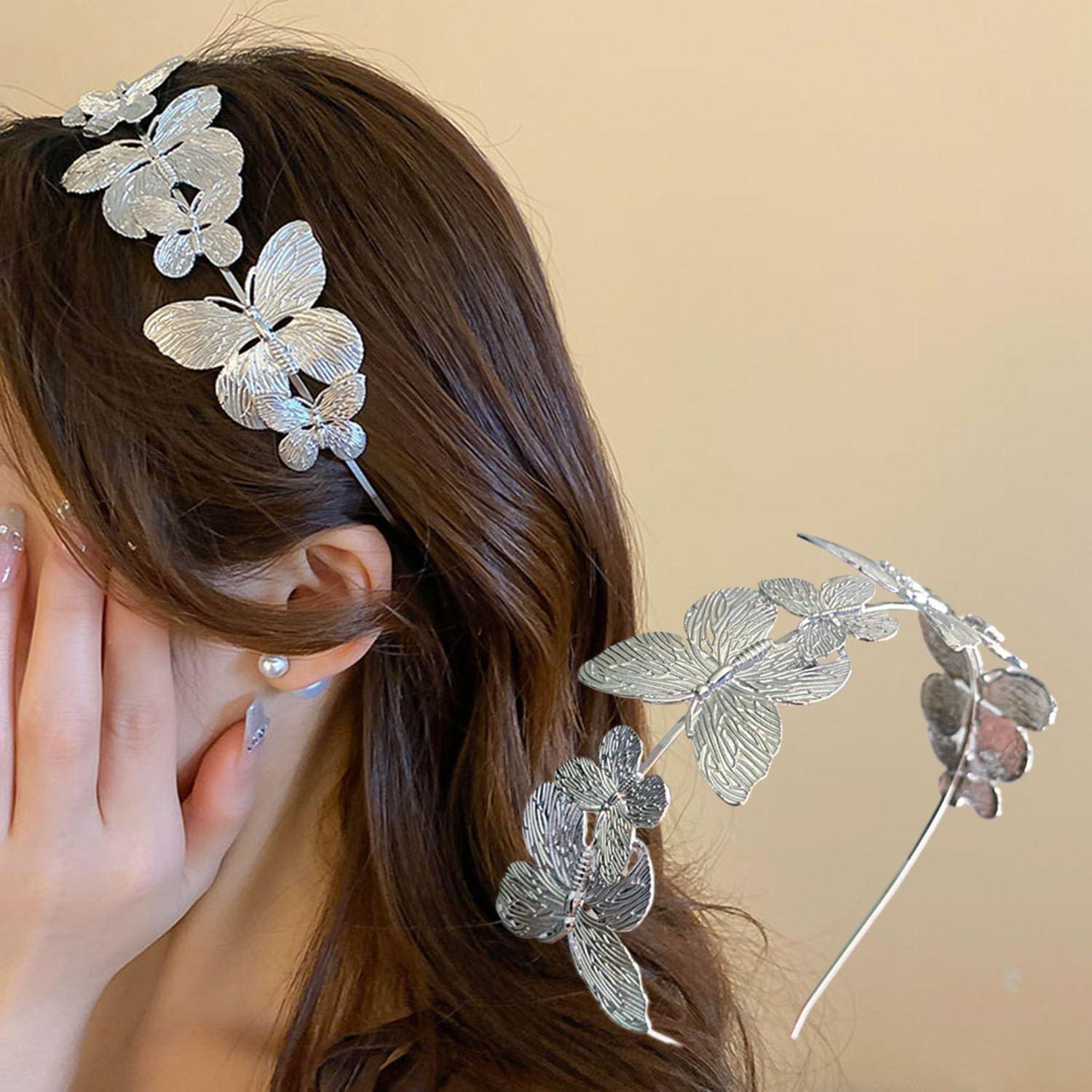 Asphinien Asphinien Gold Metal Butterfly Headband for Women Silver Butterfly Tiara Crown Non-Slip Headwear Head Hoop Alloy Tiara Headpiece Hair Accessories (Silver, Standard)
