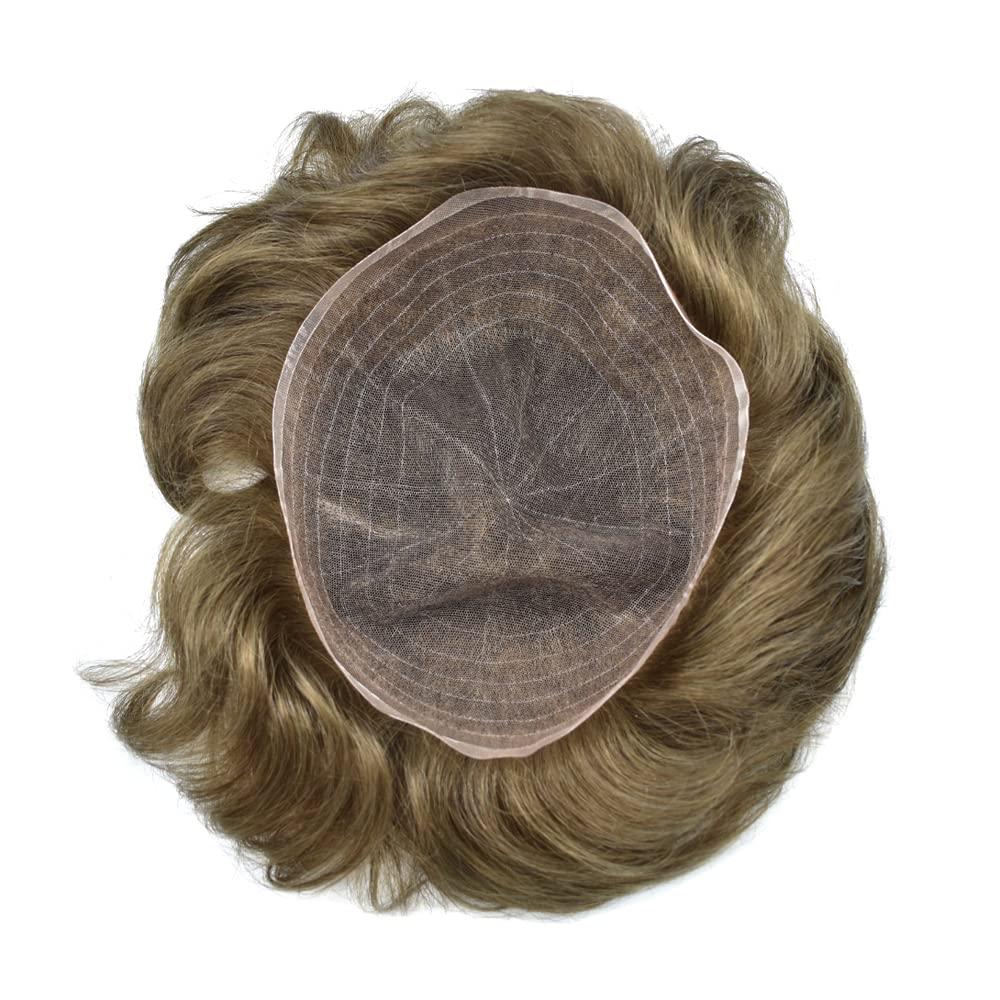 LYRICAL HAIR Mens Toupee Hair System Replacement for Men Hairpiece All French Lace Male Prosthesis Mens Wig Hair Piece Unit Toupee for Men (8\"X10\", #6 Light Brown-100% Light to Med-light Density)