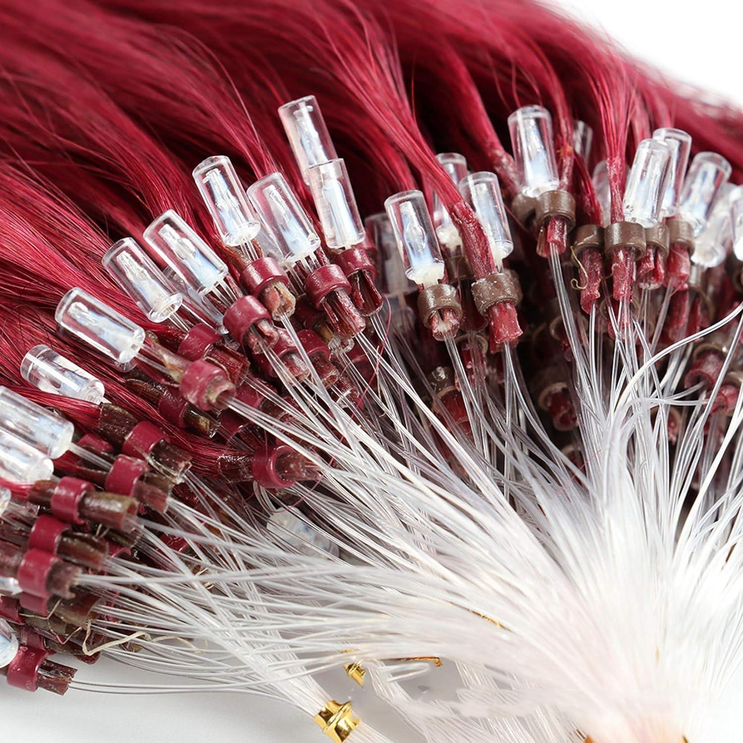 FUIBEJAE Micro Link Human Hair Extensions Micro Ring Loop Remy Hair Fish Line Natural Straight Real Hair Extension for Women 50G,16inch