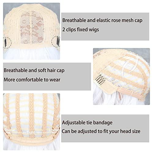 MISSQUEEN MISSQUEEN Short White Wig with Bangs Wavy White Hair Wigs for Women Synthetic Wavy Bob White Shoulder Length Wigs Natural Looking Heat Resistant Fiber Wig for Daily Party Cosplay Use