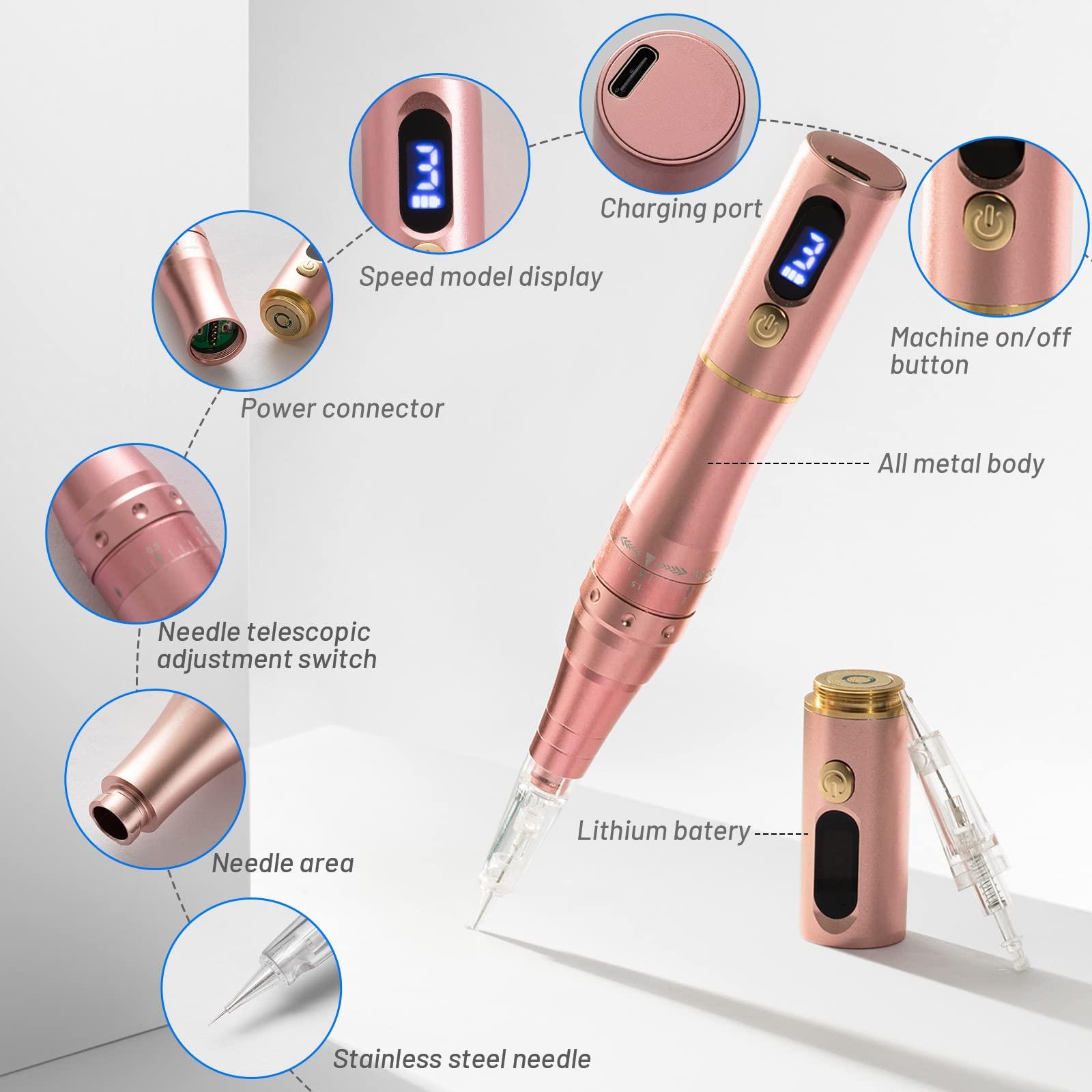 whalrace Whalrace PMU Machine with Digital Screen, Cordless Permanent Makeup Machine, Tattoo Machine Kit with 2 Lithium Batteries, 10pcs PMU Needles Microblading Machine - Rose Gold