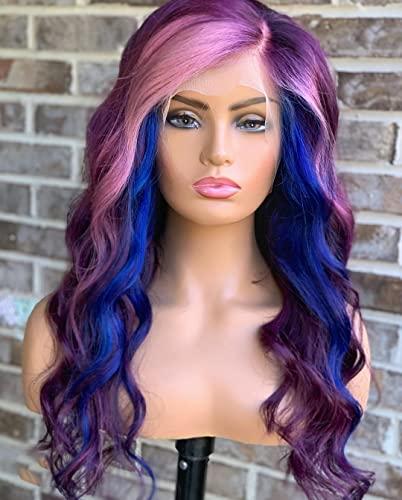 HAOKE Highlight Purple Wig Ombre Purple Blue Wigs For Women Pre Plucked Bleached Knots Lace Front Wig Body Wave Lace Front Wigs Human Hair(16inch, Purple Blue)