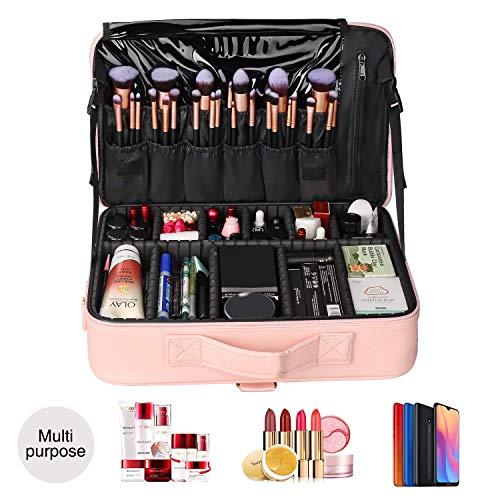 Relavel Relavel Makeup Case Large Makeup Bag Professional Train Case 16.5 inches Travel Cosmetic Organizer Brush Holder Waterproof Makeup Artist Storage Box, 3 Layer Large with Adjustable Strap (Pink)