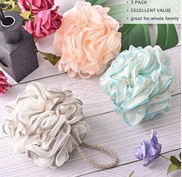 MAKEGELD Bath Sponge for Women Men Kids, Soft Shower Loofah Exfoliating Scrubber,Shower Luffa Ball, Bathroom Body Loufa Sponges Puff for Silky and Smooth Skin, Deep Cleanse 3 Pack