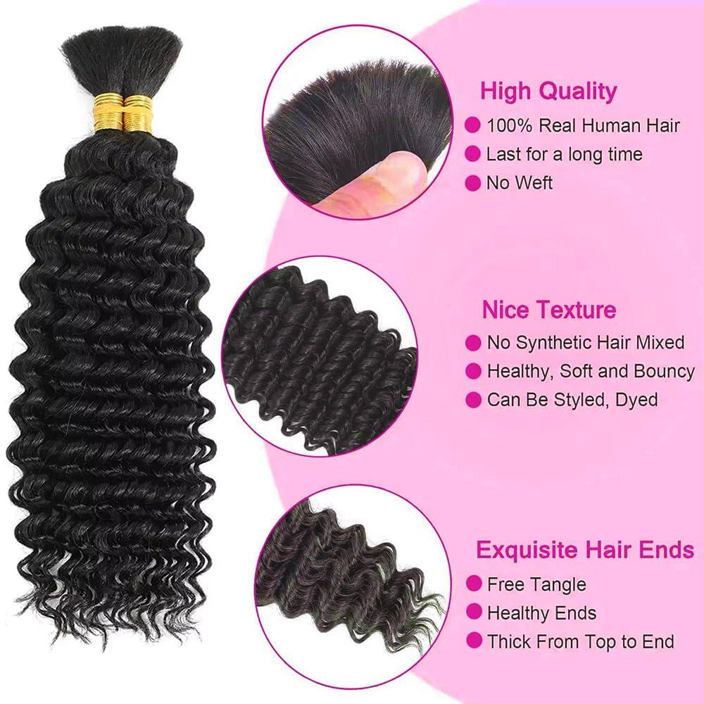 FDX FDX Human Braiding Hair for Boho Braids 18 Inch Deep Wave Bulk Human Hair for Braiding 2 Bundles Bohemian Boho Hair for Braiding 100% Brazilian Curly Wet and Wavy Human Braiding Hair 1B Black