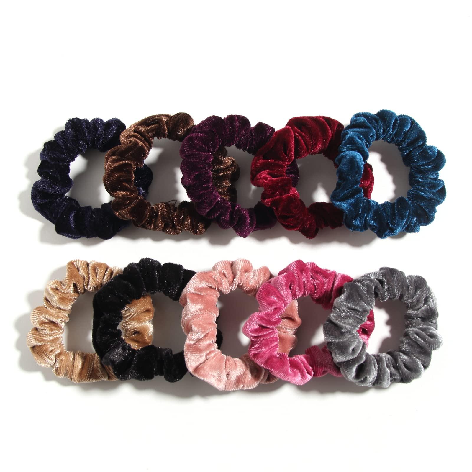 LFOUVRE Pack of 10 Small Velvet Scrunchies for Women Hair Accessories - LFOUVRE Rubber Hair Bands for Thick and Thin Hair, Mini Ponytail Holders with Elastic Hair Ties