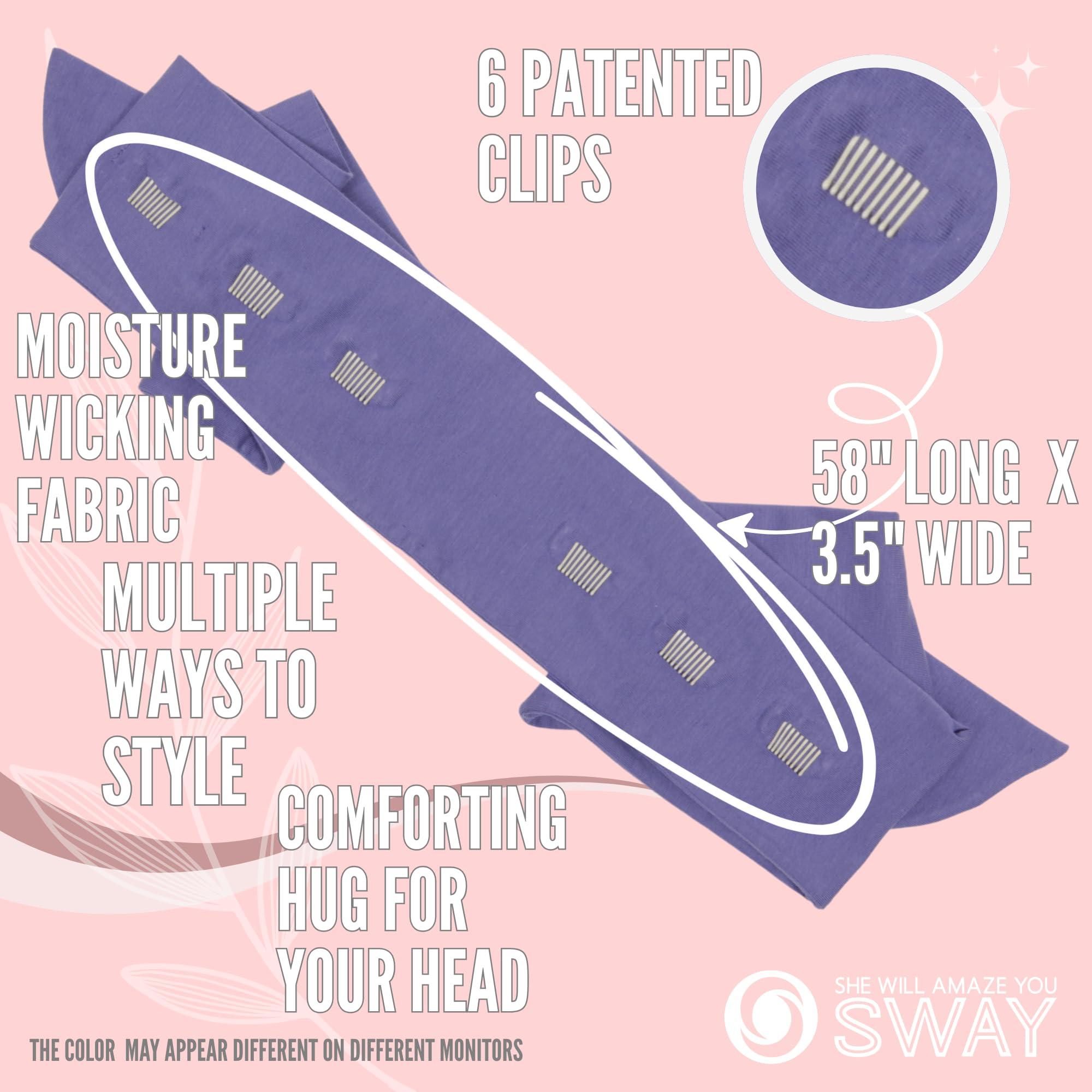 She Will Amaze You SWAY SWAY Patented 6-Clip Non Slip Stretchy Headbands for Women - 58\"x3.5\" - Many Cute Ways to Style - Soft Moisture-Wicking Extra Wide Thick Cloth Headbands for Yoga, Wide, Boho, Turban, Fall and Nurses
