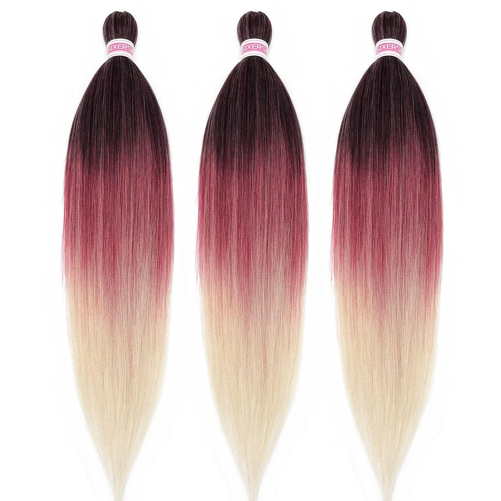 SIXERSI 1B Burgundy Blonde Ombre Braiding Hair Pre Stretched 26 inch 3 Packs Pre Stretched Braiding Hair Ombre Synthetic Hair for Braiding Itch Free Crochet Box Braids Yaki Micro Braiding Hair Extensions