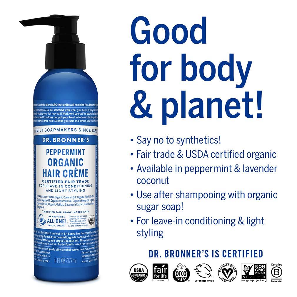 Dr. Bronner's Dr. Bronner\'s - Organic Hair Crme (Peppermint, 6 Ounce, 2-Pack) - Leave-In Conditioner and Styling Cream, Made with Organic Oils, Hair Cream Supports Shine and Strength, Nourishes Scalp, Non-GMO