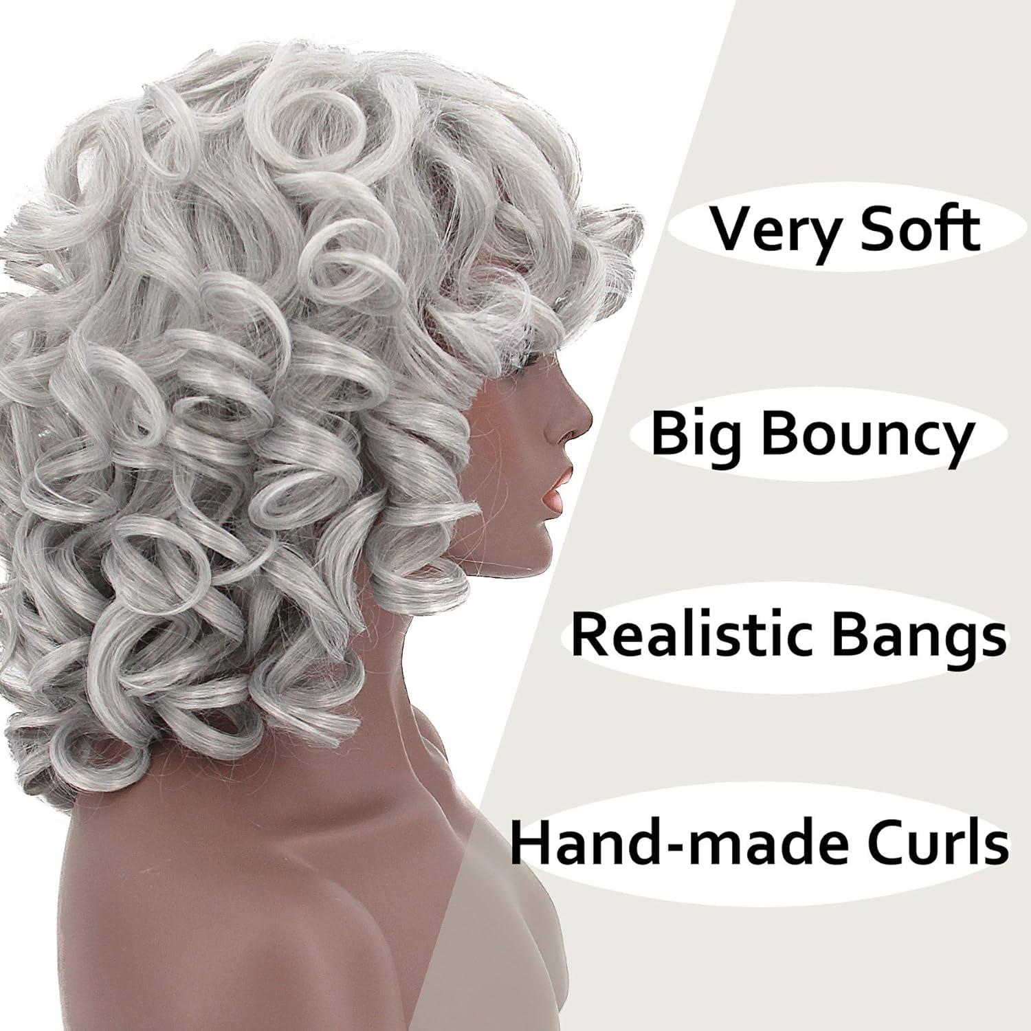 ELIM ELIM Curly Wigs for Black Women Short Kinky Curly Grey Wigs for Women Big Curly Afro Soft Wig with Bangs Heat Resistant Natural Cute Synthetic Wig for Daily Z306GY