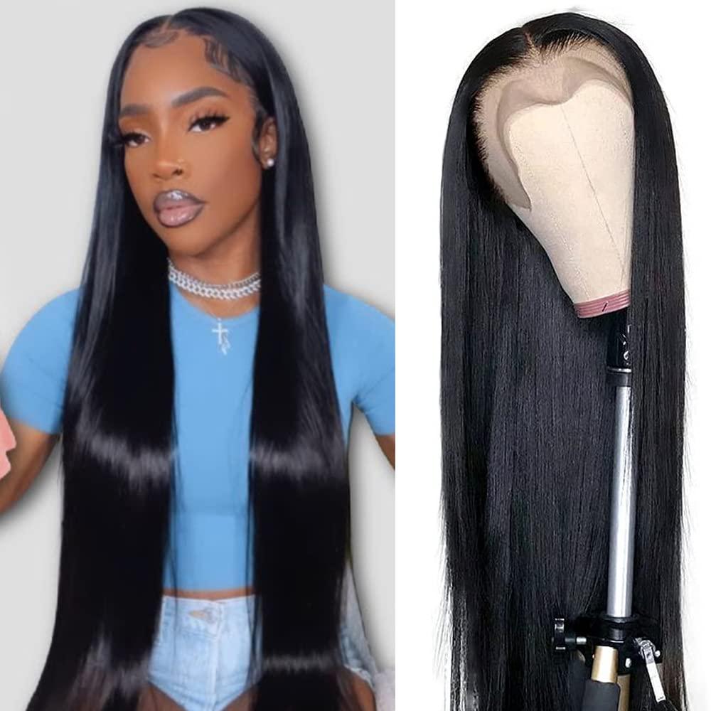 mengkai mengkai 34 Inch Straight Lace Front Wigs Human Hair Pre Plucked Bleach Knots Hairline Glueless 180% Density 134 HD Lace Front Wigs Human Hair Straight Human Hair Wigs for Women with Baby Hair