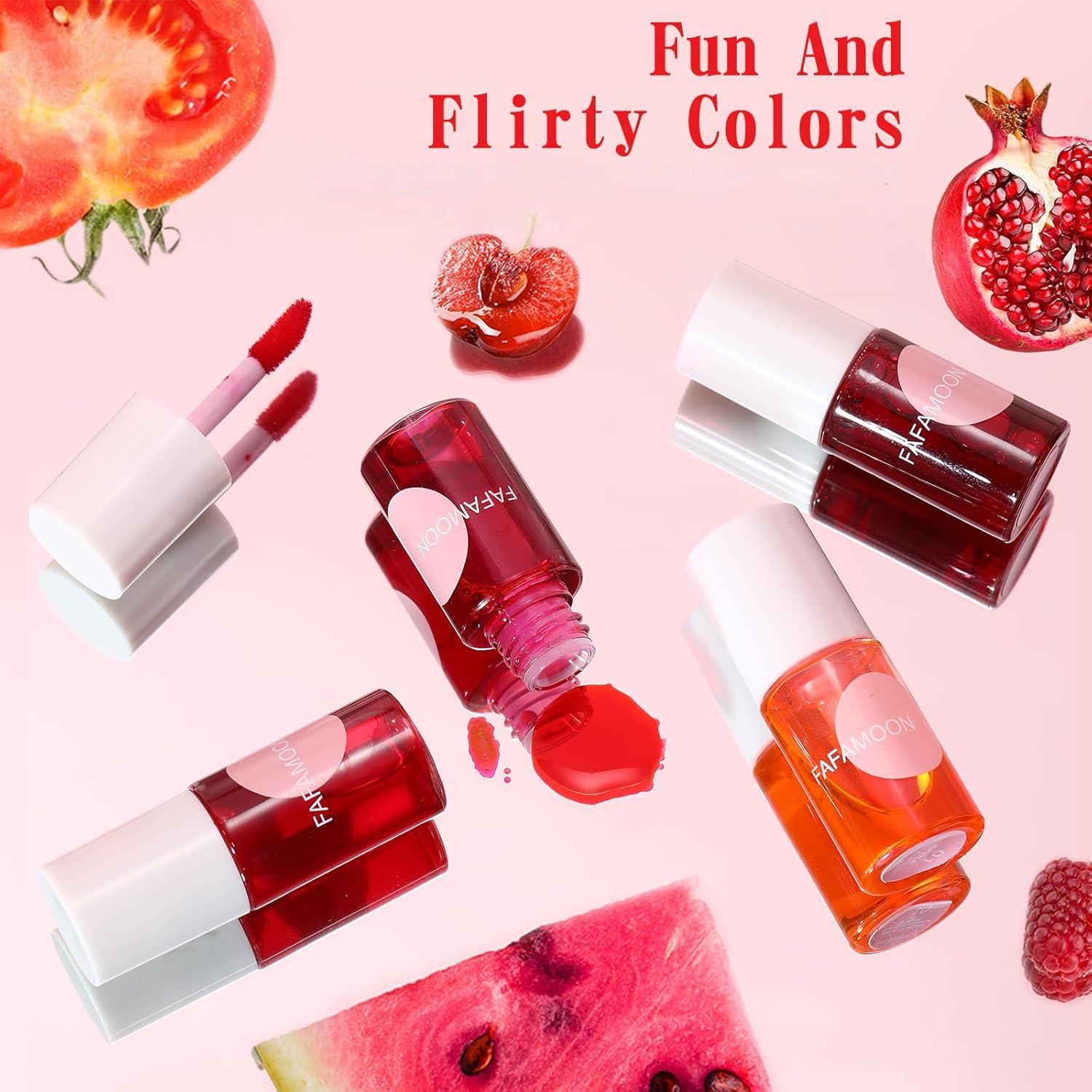 Krisuary Long Lasting Lip Gloss - 4 Colors Fruit Juice Lip Tint Set,Mini Liquid Water Tint,Waterproof Lip Stain,Multi-Use Lip And Cheek Tint,Non-Sticky Moisturizing Lip Stain (2 * 02#Strawberry)