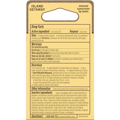 Burt\'s Bees Burt\'s Bees Island Getaway Sun Care SPF 30 Lip Balm Stocking Stuffers, Water-Resistant Lip Moisturizer Christmas Gifts, Nano-Free Zinc Oxide Formula, Natural Conditioning Lip Treatment (3-Pack)