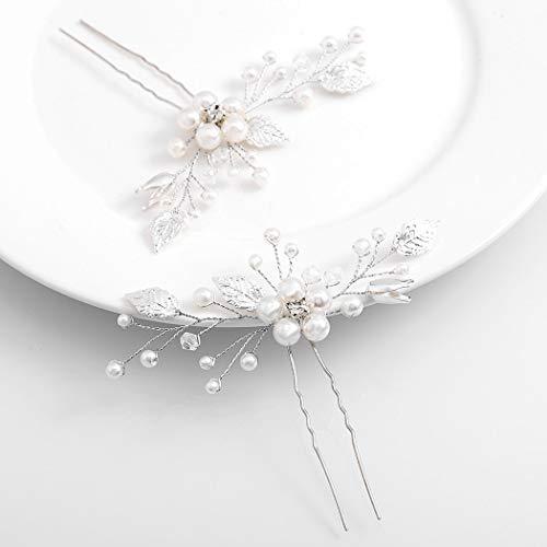 Barode Barod Crystal Wedding Hair Pins Silver Leaf Bride Headpiece Pearl Flower Bridal Hair Accessories for Women and Girls(Pack of 2)