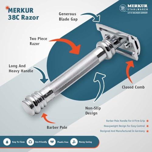 MERKUR MERKUR 5004 Travel Shaving Set featuring MERKUR 38C Two-piece Safety Razor with Long Handle & Bright Chrome Finish, 10 Double Edge Blades & Black Leather Case | Made In Germany