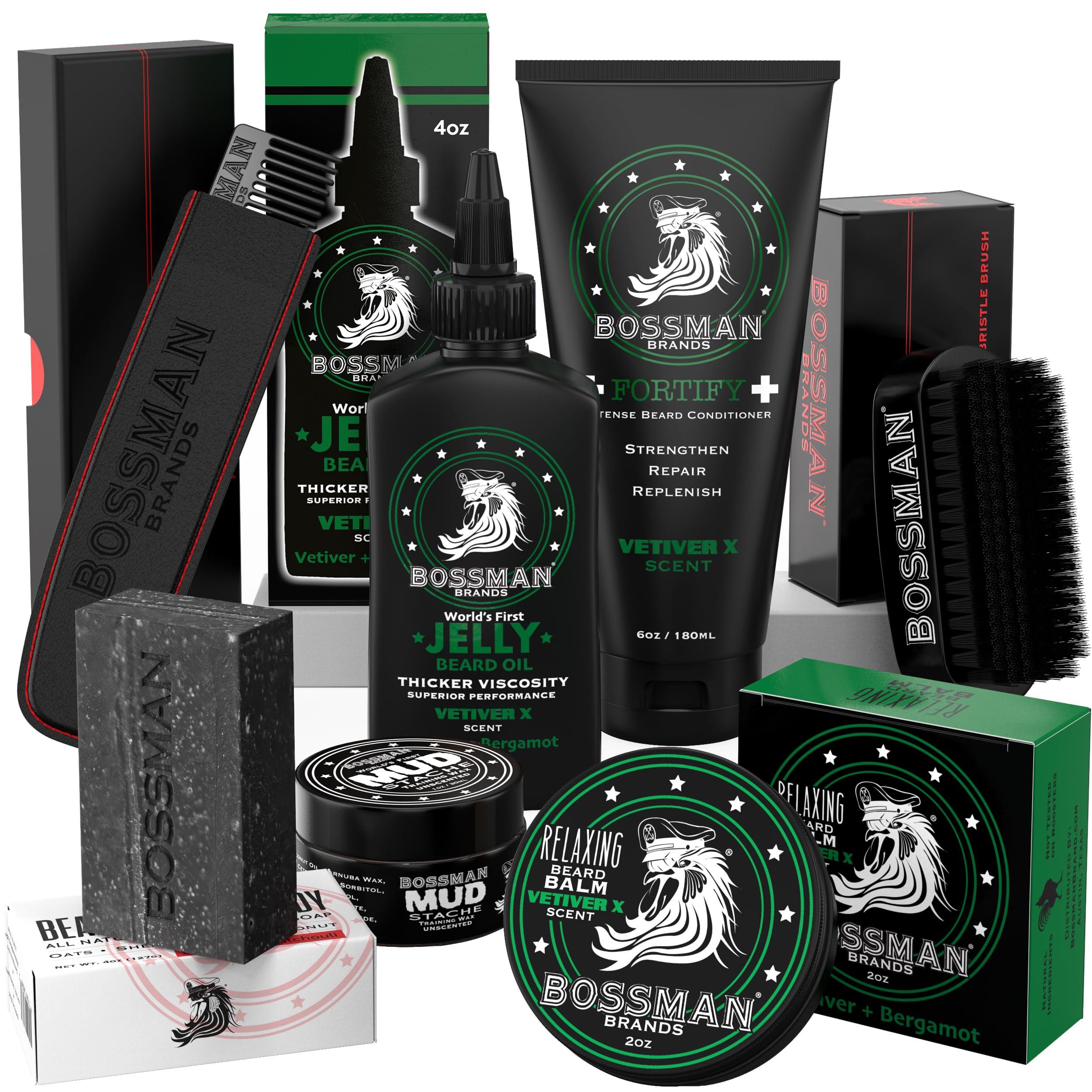 Bossman Bossman Big Boss Beard Care Kit for Men - 7 Piece Beard Grooming Kit with Jelly Beard Oil, Beard Conditioner, Beard Balm, MUDstache Wax, Bar Soap, Metal Comb, Brush - Mustache Kit (Vetiver X)