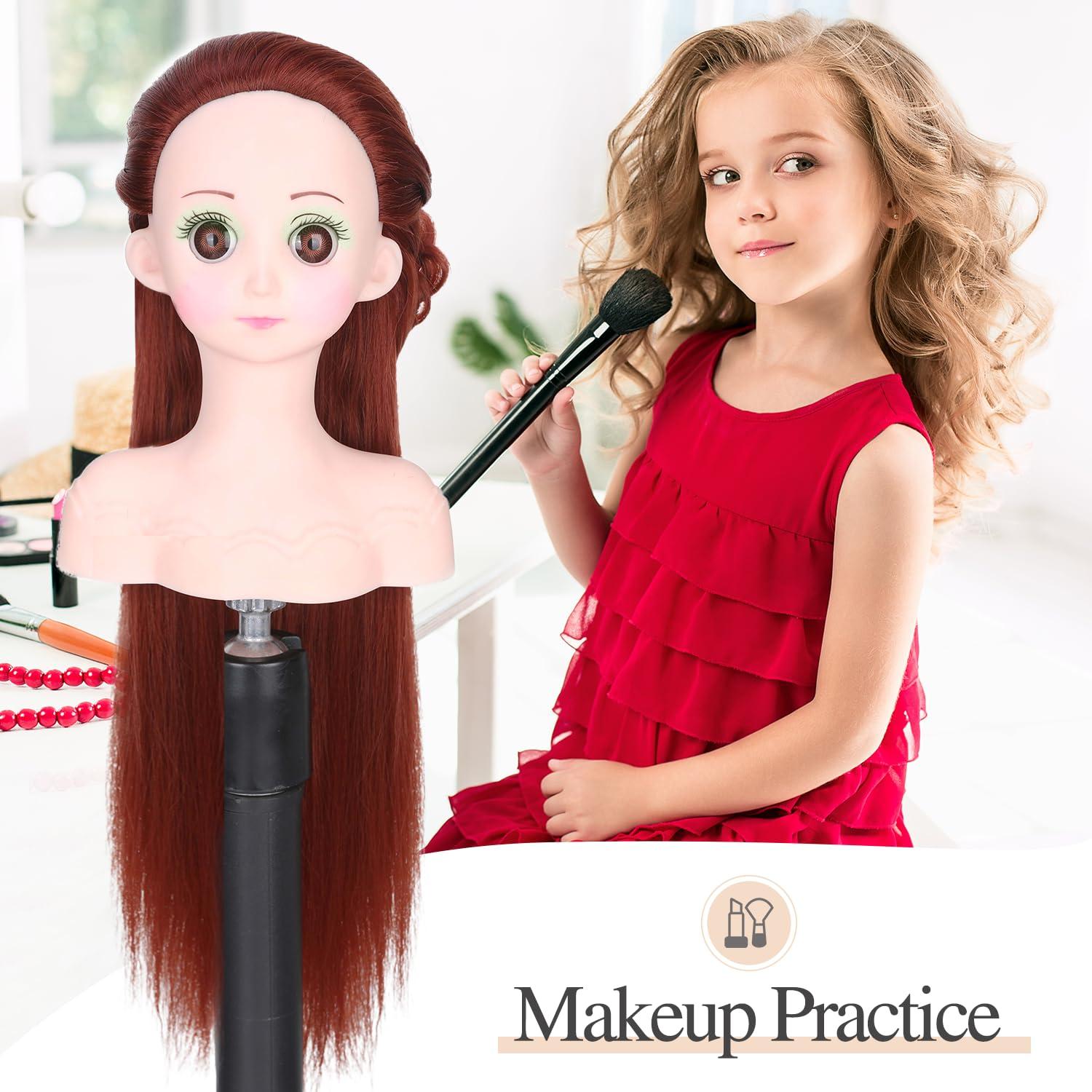 WIGER WIGER Red Hair Styling Doll for Girls Toy Mannequin Head with Hair for Children Cute Cosmetology Hairdressing Manikin Doll Braiding Training Practice Heads with Long Brown Straight Hair