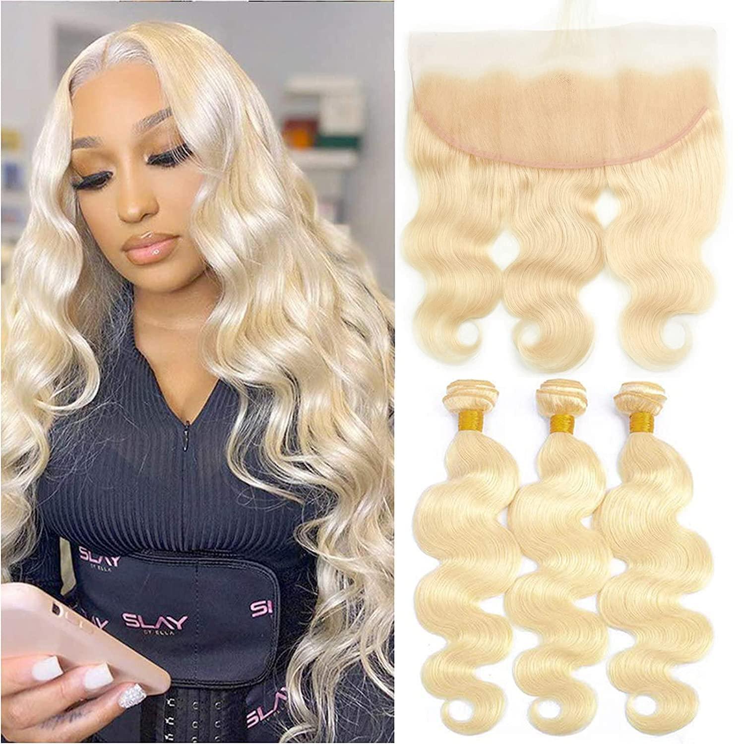 rcmei 613 Bundles with Frontal Peruvian Hair Blonde Body Wave Human Hair Bundles with Transparent Color Lace Frontal with Baby Hair Ear to Ear Honey Blonde Remy Hair Can Be Dyed (161618+14 inch, 613)