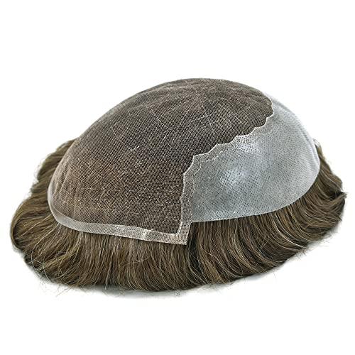 Generic Toupee For Men French Lace Front Bleached Knots Mens Toupee Natural HaIrline Breathable Human Hair System For Men (8\"x10\", 7 Very Light Brown-100% density)