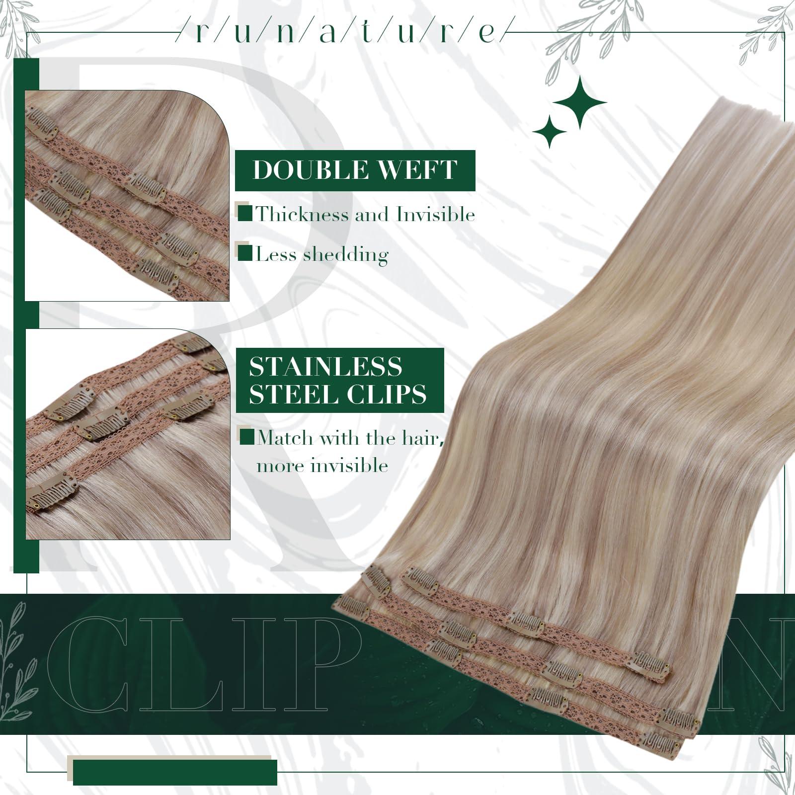 RUNATURE Bundles with Weft Hair Extensions Dirty Blonde Highlight Hair Extensions 20 Inch 100g and Clip in Hair Extensions Real Human Hair Blonde #19/60 20 Inch 50g