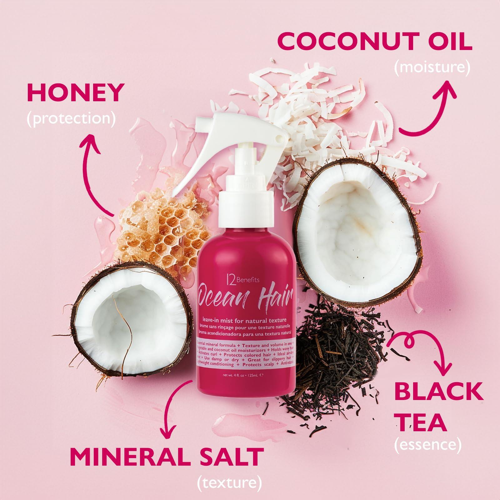 12 Benefits 12 Benefits Instant Healthy Hair Treatment Set - Leave In Conditioner & Ocean Hair Wave Spray - Smooths Frizz, Strengthens, Repairs Damaged Hair, Moisturizes, Protects Scalp, Protects Against Humidity