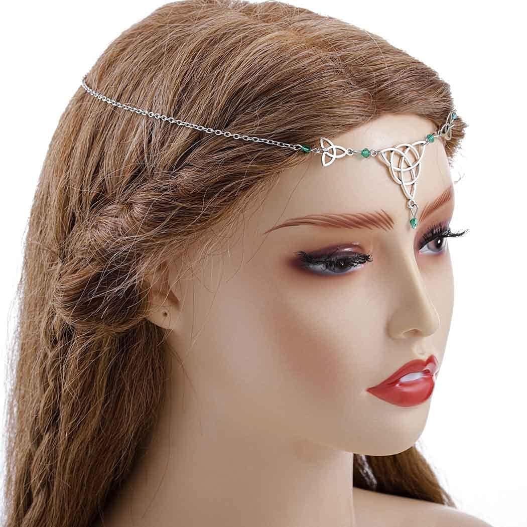 Bomine SHAMZBEST Bomine Boho Head Chain Crystal Hair Chain Forehead Festival Wedding Irish Headpieces Hair Acessories for Women and Girls (Green) (silver)