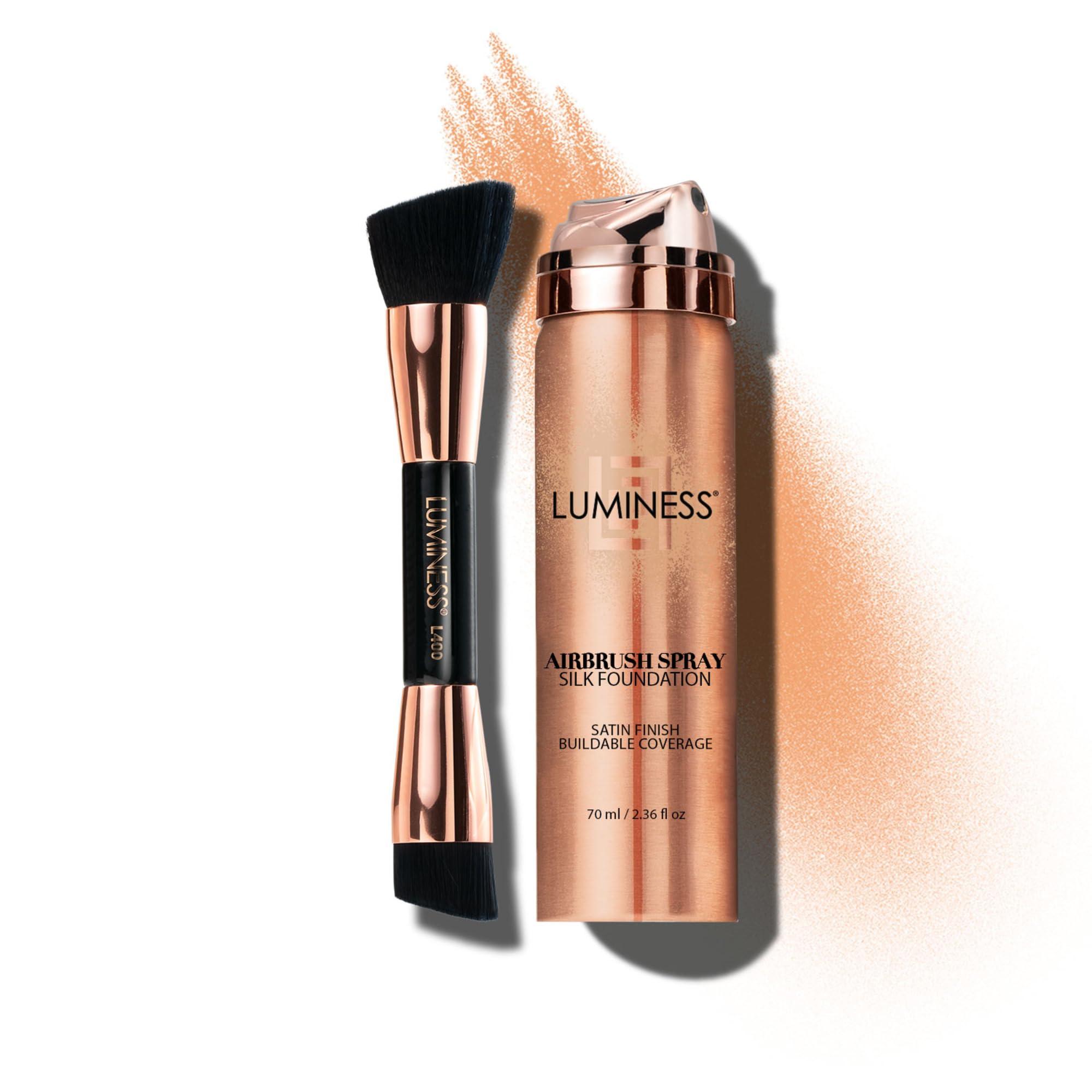 LUMINESS LUMINESS Silk Airbrush Spray Foundation & Buffing Brush Kit Full Coverage Foundation & Dual-Sided Buffing Brush - Buildable Coverage, Anti-Aging Formula Hydrates & Moisturizes (Shade - Light Warm)